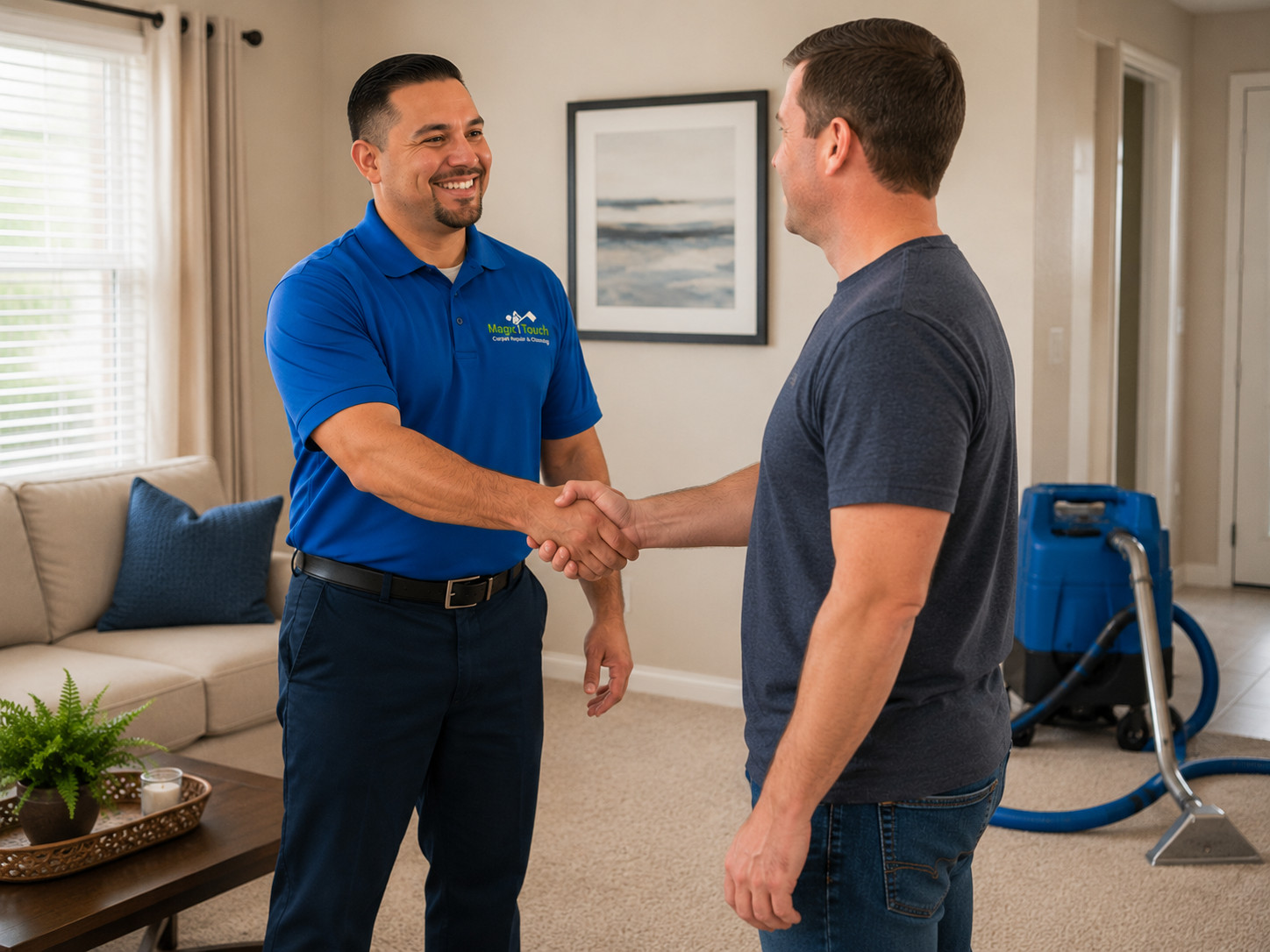 Uniformed technician shaking hands with a satisfied customer in a living room, with carpet cleaning equipment visible nearby. Uniformed technician shaking hands with a satisfied customer in a living room, with carpet cleaning equipment visible nearby.