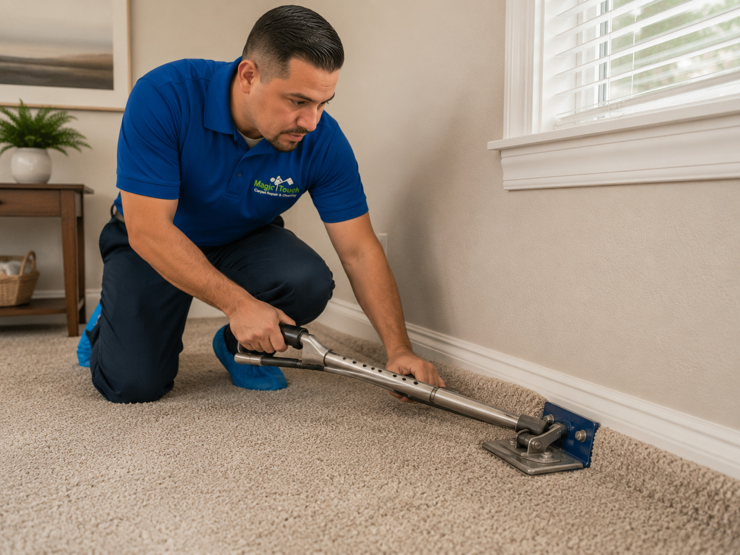 Technician kneeling and using a power carpet stretcher tool against a wall baseboard to stretch beige carpet in a living room. Technician kneeling and using a power carpet stretcher tool against a wall baseboard to stretch beige carpet in a living room.
