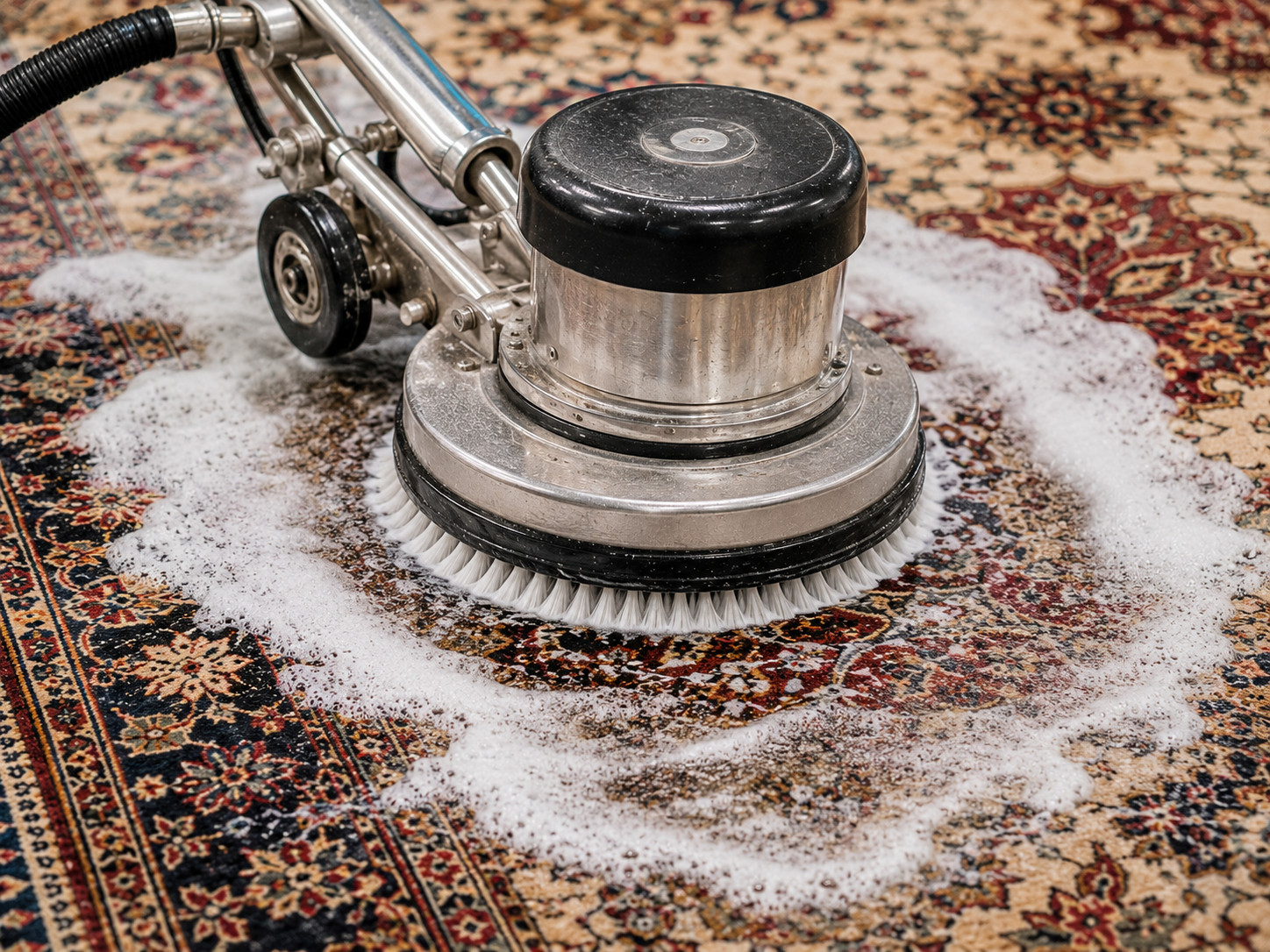 Close-up of a rotary rug scrubbing machine generating thick foam on a colorful patterned area rug. Close-up of a rotary rug scrubbing machine generating thick foam on a colorful patterned area rug.