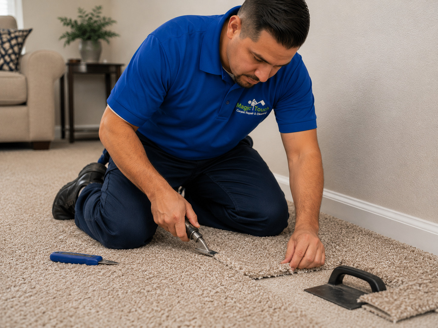 Technician kneeling on a living room carpet, using hand tools to repair a seam or damaged section of beige carpet. Technician kneeling on a living room carpet, using hand tools to repair a seam or damaged section of beige carpet.