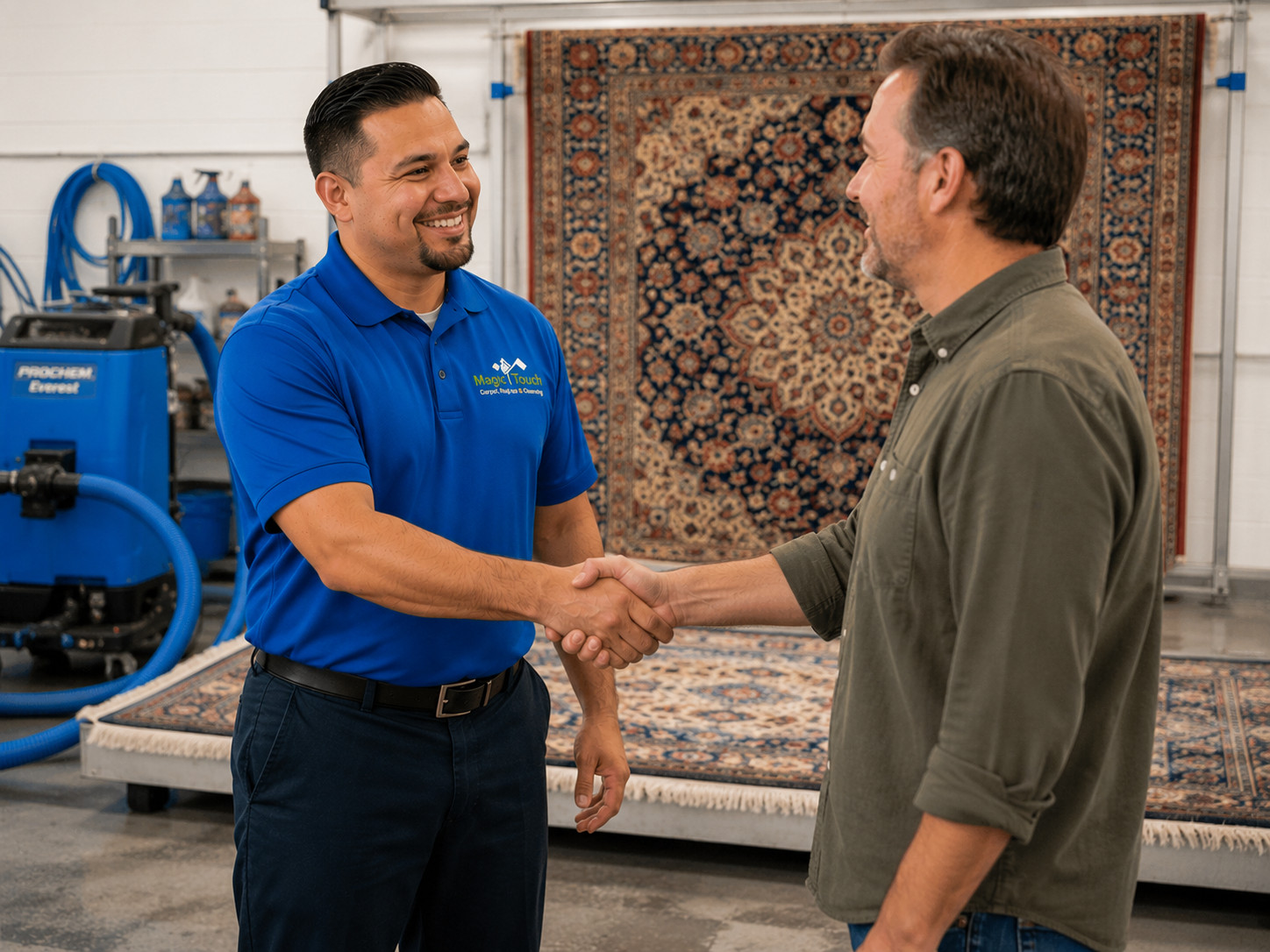 Uniformed technician shaking hands with a satisfied customer inside a rug cleaning facility, with cleaning equipment and rugs visible in the background. Uniformed technician shaking hands with a satisfied customer inside a rug cleaning facility, with cleaning equipment and rugs visible in the background.