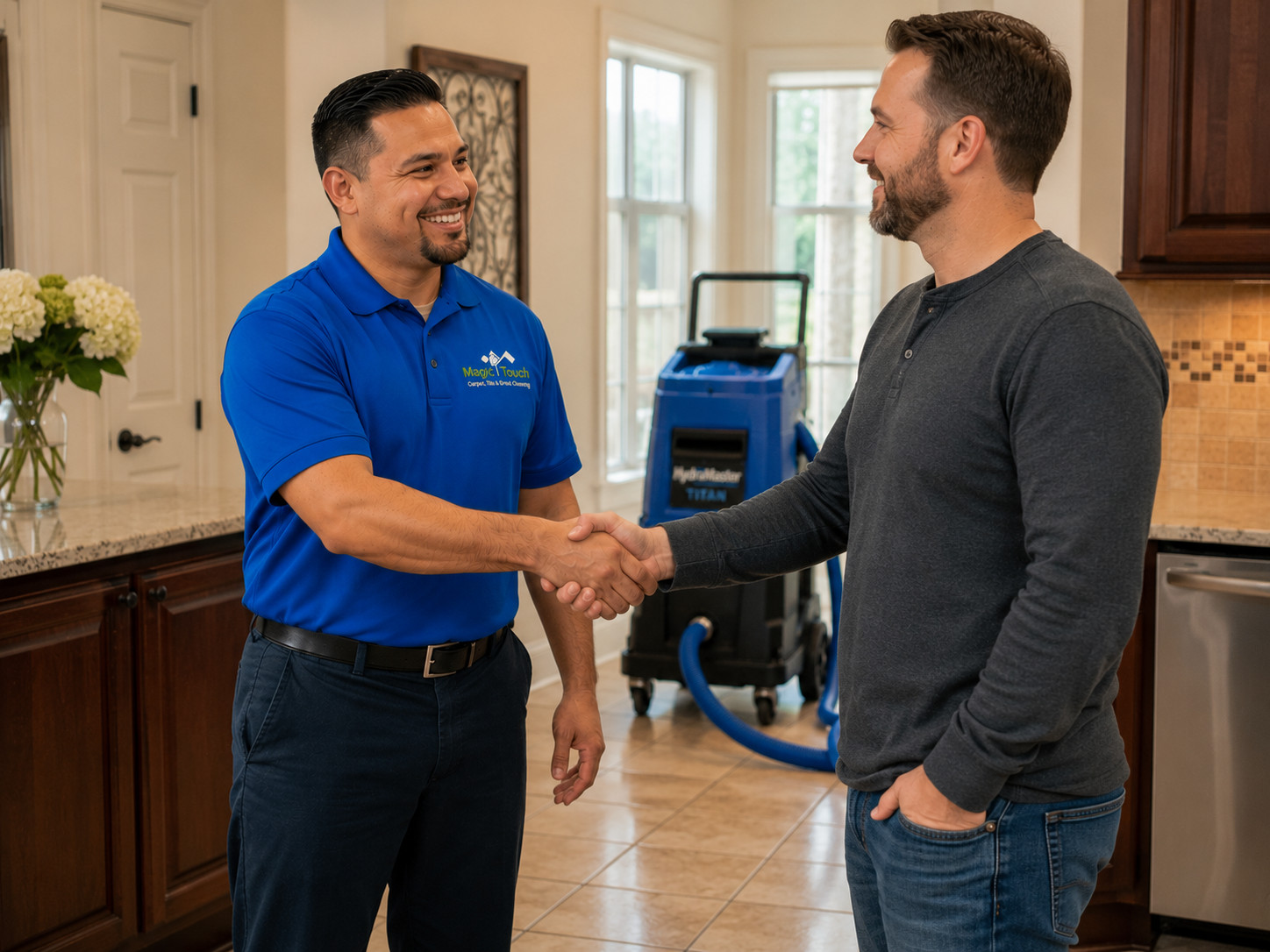 Uniformed technician shaking hands with a satisfied male customer in a kitchen, with cleaning equipment visible in the background. Uniformed technician shaking hands with a satisfied male customer in a kitchen, with cleaning equipment visible in the background.