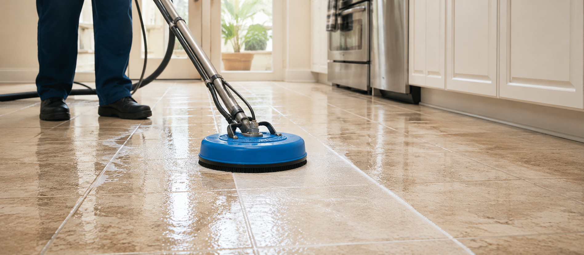 Technician using a professional floor buffing machine with a blue circular pad to clean a tile floor in a modern kitchen. Technician using a professional floor buffing machine with a blue circular pad to clean a tile floor in a modern kitchen.