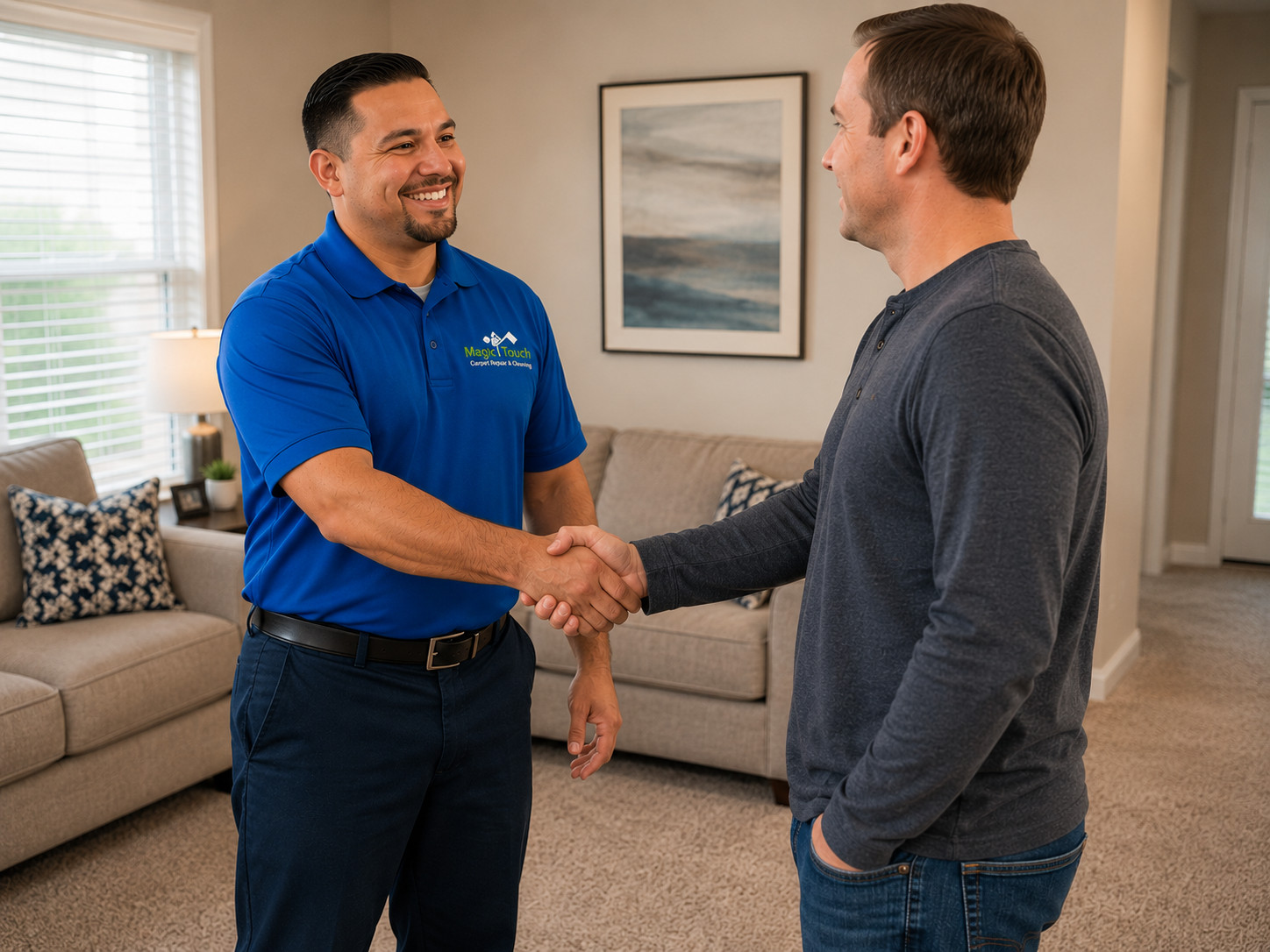 Uniformed technician shaking hands with a satisfied customer in a living room. Uniformed technician shaking hands with a satisfied customer in a living room.