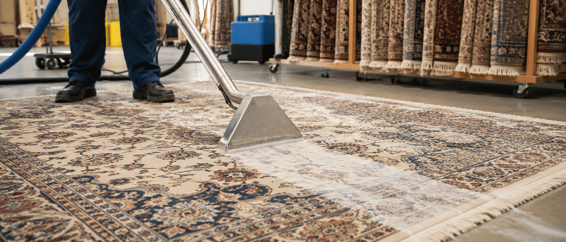 Technician cleaning a patterned area rug with a wand extraction tool at a rug-washing facility, with rolled rugs visible in the background. Technician cleaning a patterned area rug with a wand extraction tool at a rug-washing facility, with rolled rugs visible in the background.