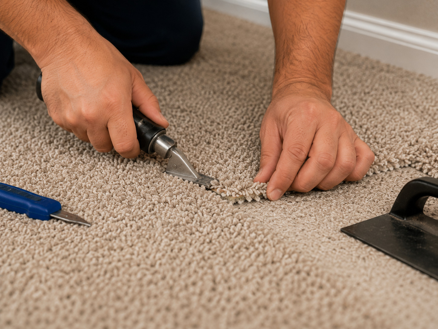 Close-up of a technician's hands using a seam tool to repair a seam in beige carpet. Close-up of a technician's hands using a seam tool to repair a seam in beige carpet.