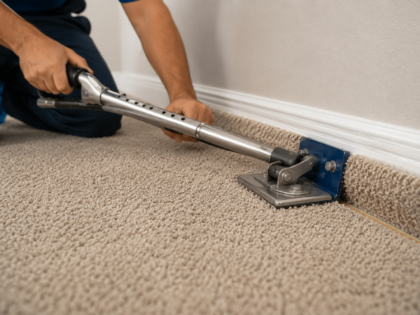 Close-up of a technician's hands operating a power carpet stretcher tool, pulling beige carpet taut near a wall. Close-up of a technician's hands operating a power carpet stretcher tool, pulling beige carpet taut near a wall.